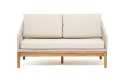 "Канны" диван 2-местный плетеный из роупа, основание дуб, роуп бежевый круглый, ткань бежевая 15052