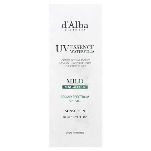 d'Alba, UV Essence Waterfull+, солнцезащитное средство на водной основе, бережное воздействие, SPF 50+, 50 мл (1,69 жидк. унции)