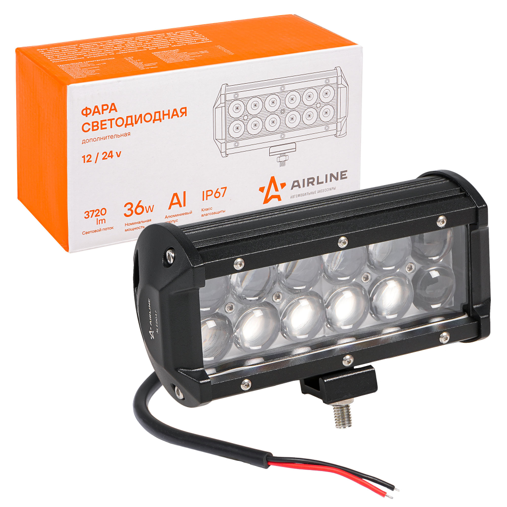 Фара светодиодная Airline (балка) двухрядная 12 LED 4D линза 36W (165 х 78 х 65) 12/24V
