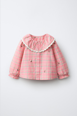 ZARA РУБАШКА В КЛЕТКУ С ВЫШИВКОЙ, РОЗОВЫЙ