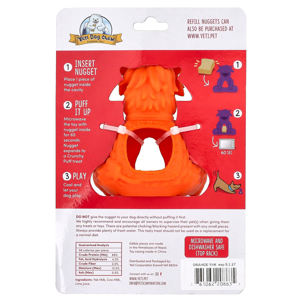 Yeti Dog Chew, Puff & Play, жевательные конфеты для собак, апельсин, 4 жевательных конфеты, 1 дозатор