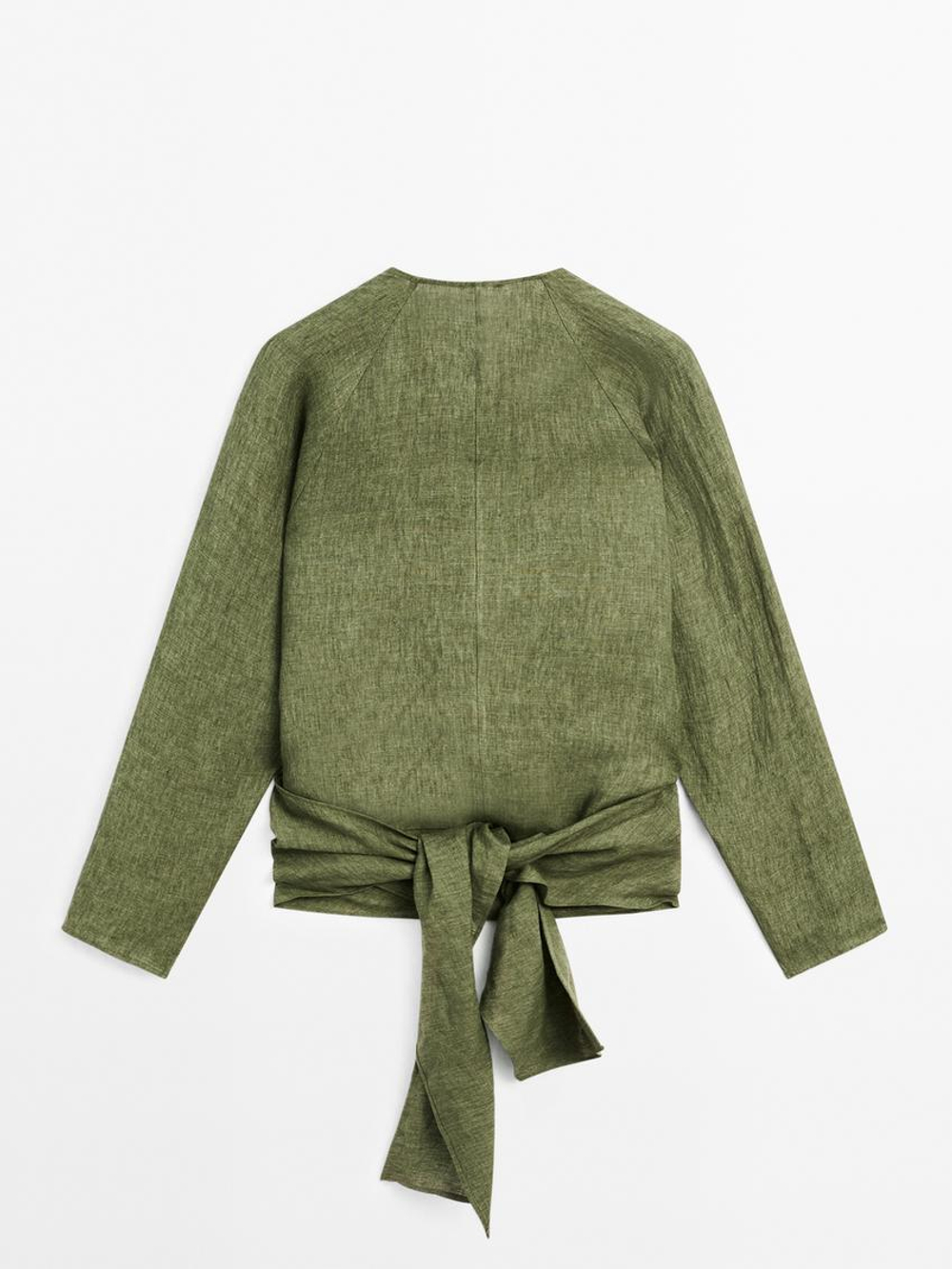 Massimo Dutti Блуза из струящегося льна с завязками на поясе, зеленый