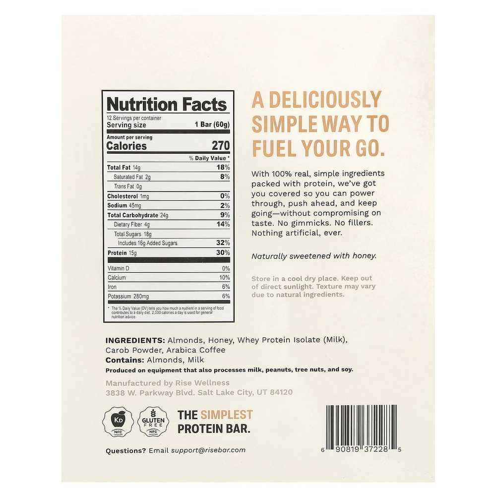 Rise Bar, Протеиновый батончик, мокко и миндаль, 12 батончиков, 60 г (2,1 унции)