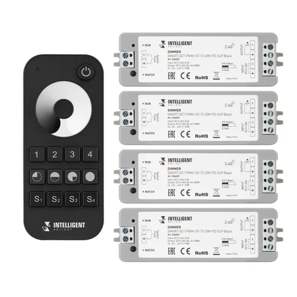 INTELLIGENT ARLIGHT Диммер SMART-SET-PWM-101-72-DIM-PD-SUF Black (5-36V, 1x8A, x4, ПДУ 13кн, 2.4G) (IARL, IP20 Пластик, 5 лет) 036201