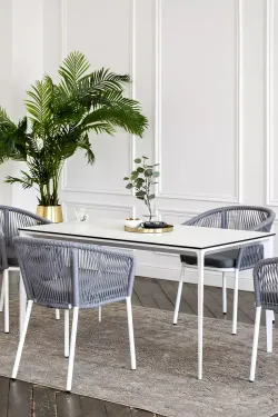 "Малага" обеденная группа на 4 персоны со стульями "Марсель", каркас белый, роуп светло-серый