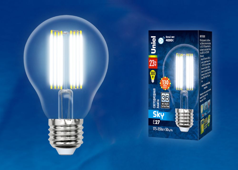 LED-A70-23W/4000K/E27/CL PLS02WH Лампа светодиодная. Форма A, прозрачная. Серия Sky. Белый свет (4000K). Картон. ТМ Uniel.