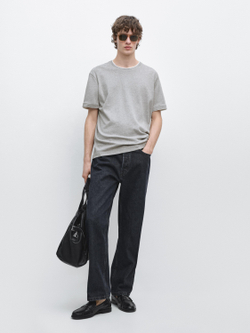 Massimo Dutti Футболка из 100% хлопка с контрастными деталями, серый меланж