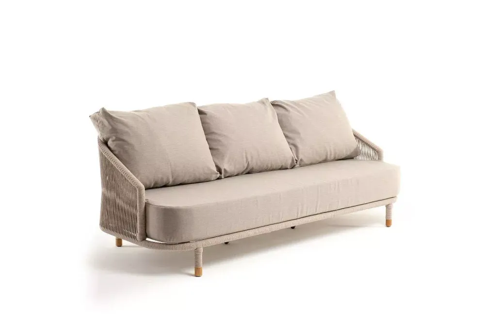 "Верона" диван 3-местный плетеный из роупа, каркас алюминий белый муар, роуп бежевый круглый, ткань бежевая 052