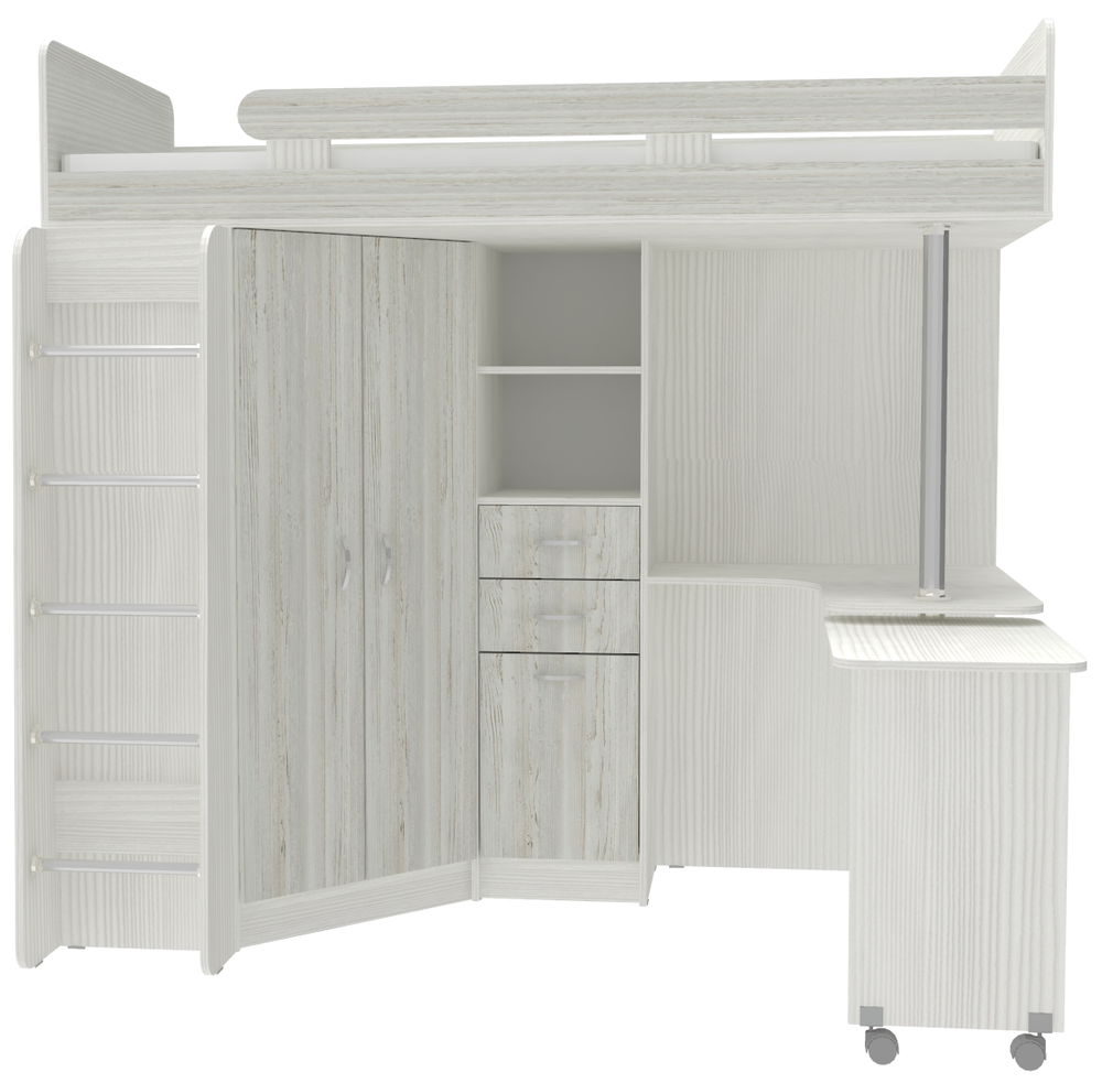 Кровать-чердак КарИВи Юниор 3 с металлической лестницей Белое Дерево Винтерберг