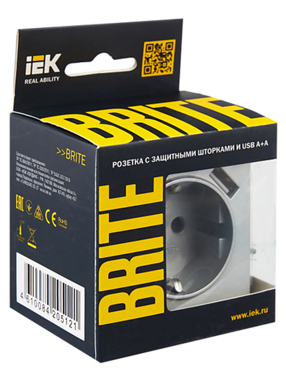 BRITE Розетка 1-местная с заземлением с защитными шторками 16А с USB A+A 5В 3,1А РЮш10-2-БрА алюминий IEK