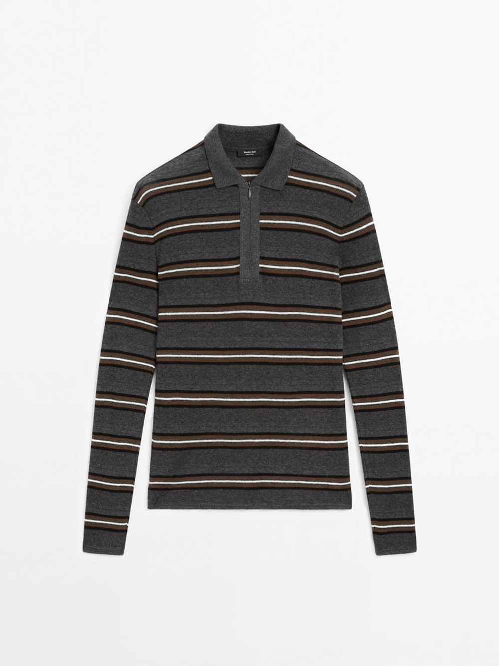 Massimo Dutti Свитер в полоску с воротником поло, серый меланж