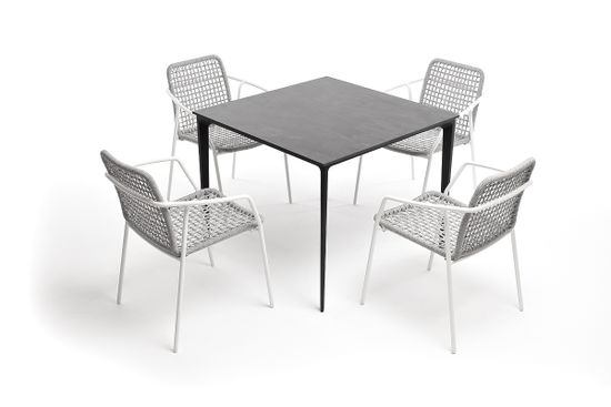 "Малага" обеденная группа на 4 персоны со стульями "Тунис", каркас белый, роуп светло-серый