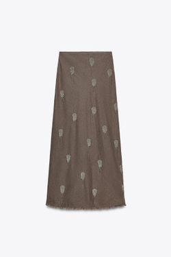 ZARA ЮБКА С ВЫШИВКОЙ И ЛЬНОМ — ZW COLLECTION, СЕРЫЙ МЕЛАНЖ