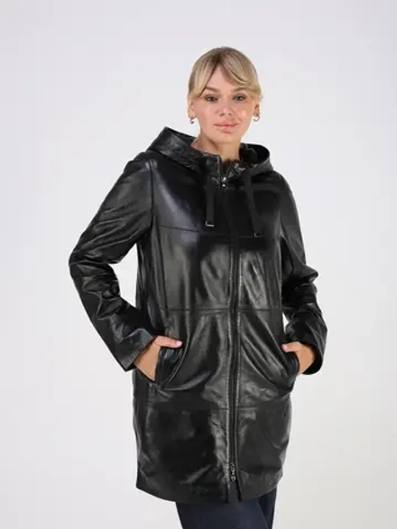 Кожаная куртка демисезонная с капюшоном длинная