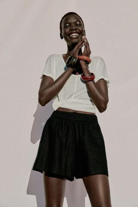 ZARA ШОРТЫ ИЗ СМЕСОВОГО ЛЬНА С ЭЛАСТИЧНЫМ ПОЯСОМ, ЧЕРНЫЙ