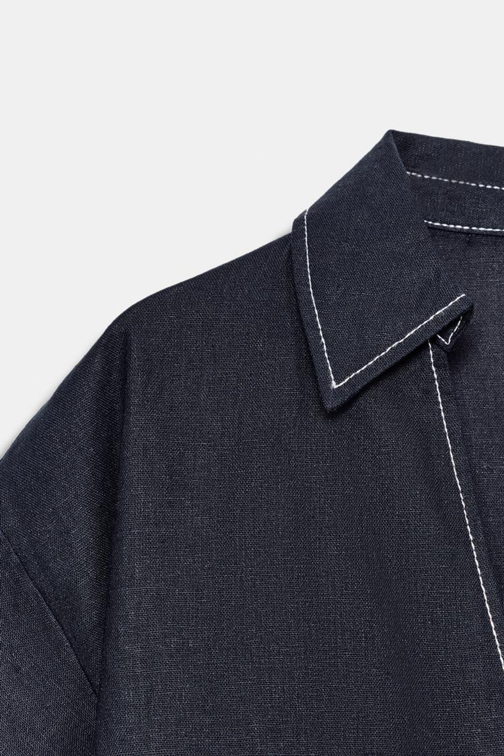 ZARA РУБАШКА ИЗ СМЕСОВОГО ЛЬНА С КОНТРАСТНЫМИ ШВАМИ, МОРСКОЙ СИНИЙ