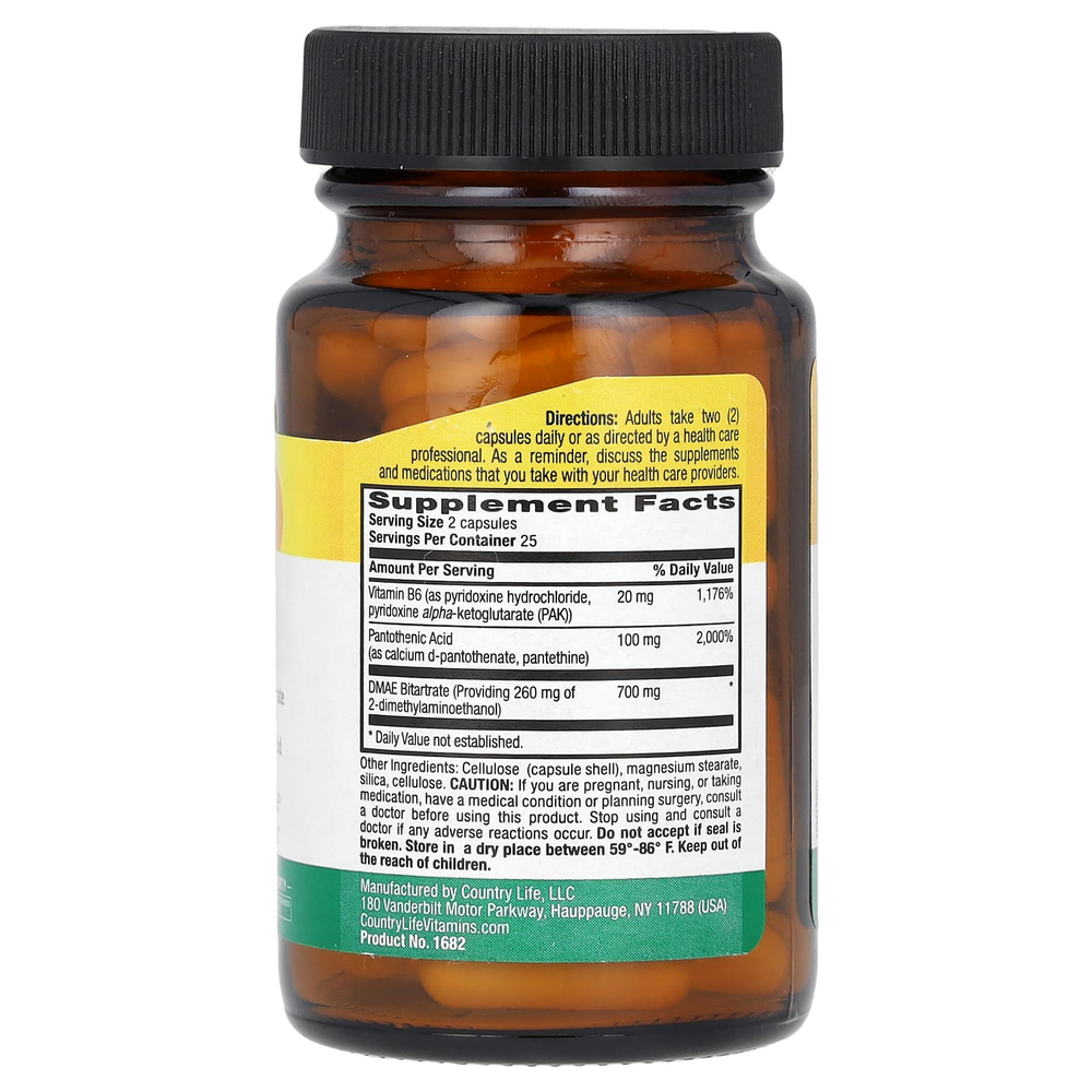 Country Life, коферментированный ДМАЭ, 700 мг, 50 веганских капсул (350 мг в 1 капсуле)