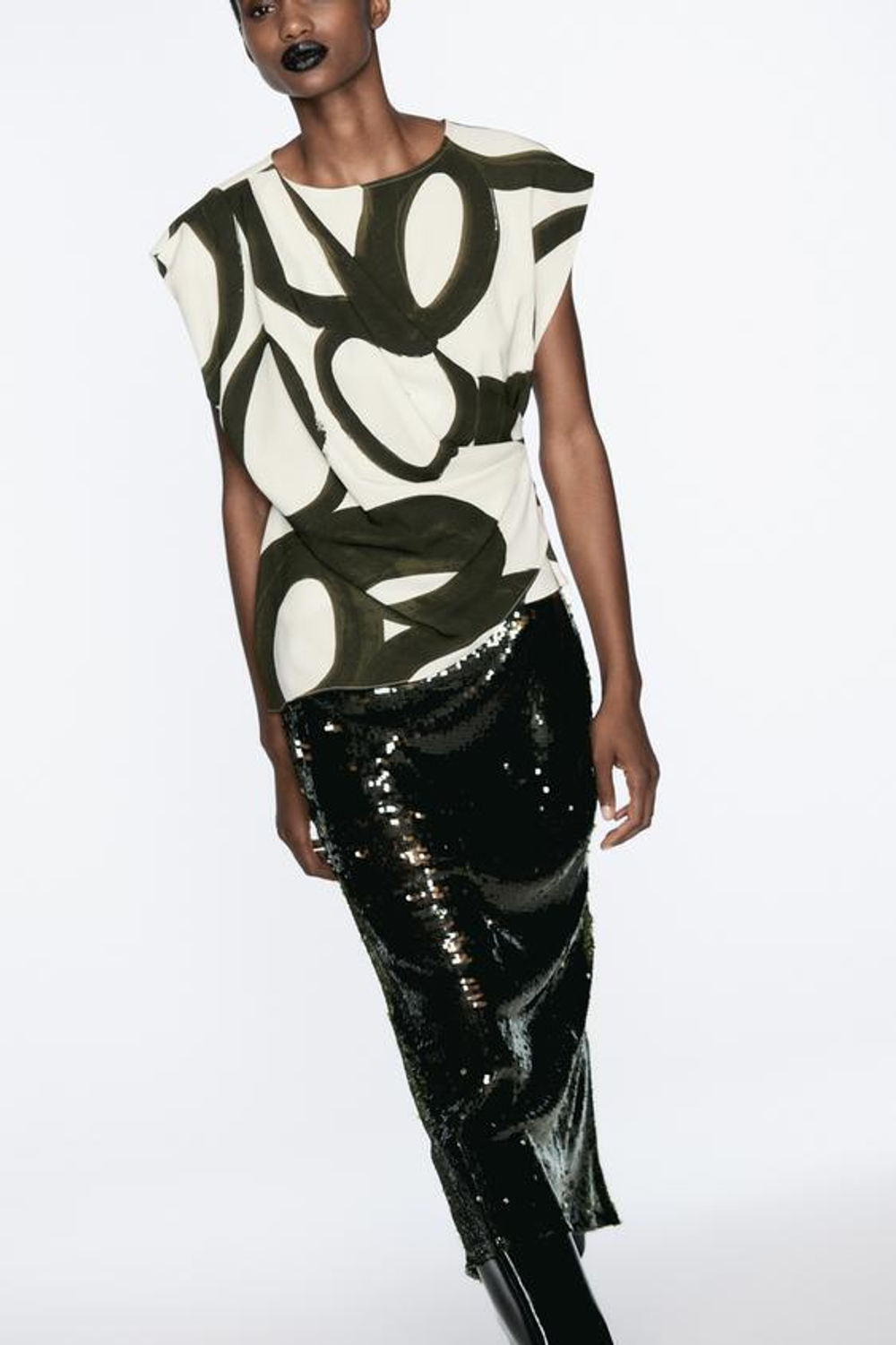 ZARA ТОП С ПРИНТОМ, ЗЕЛЕНЫЙ/ЭКРЮ