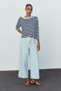 ZARA ДЖИНСЫ Z1975 WIDE LEG CROPPED С ВЫСОКОЙ ПОСАДКОЙ И РЕМНЕМ, ГОЛУБОЙ