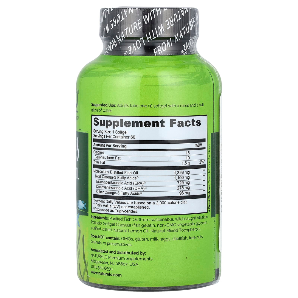 NATURELO, омега-3, рыбий жир в форме триглицеридов, 1100 мг, 60 мягких таблеток