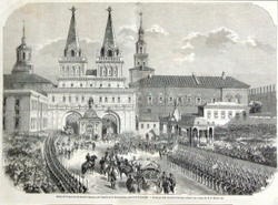 Гравюра «Въезд Императора России в Москву в Воскресенские ворота в Кремле». 1856 г.