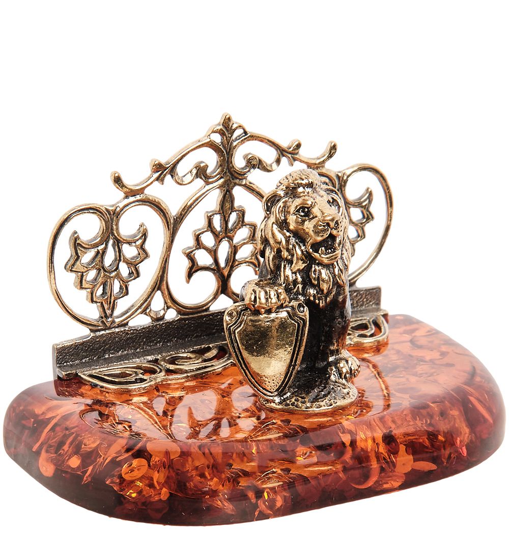 Народные промыслы AM-1514 Фигурка «Визитница Лев со щитом» (латунь, янтарь)