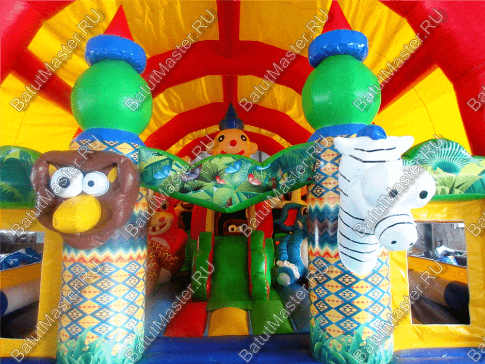 Коммерческий надувной батут "Зверята с крышей" 10*6*6 м