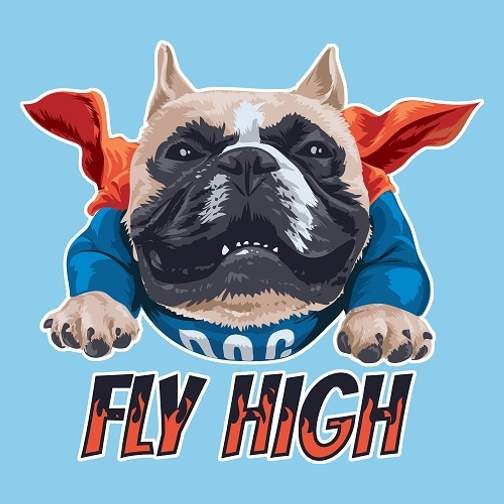 принт PewPewCat с бульдогом Fly High для голубой футболки