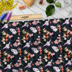 Ткань атлас цветущие цапли и белые грибы