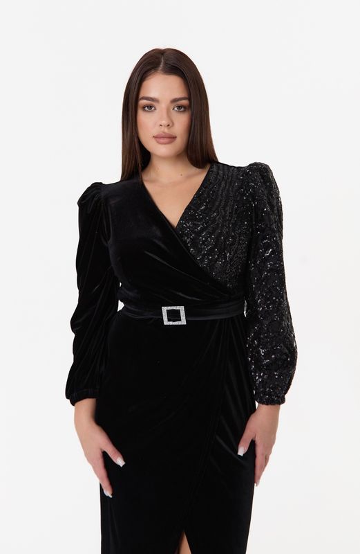 Платье на запах из бархата с декоративной отделкой, черный