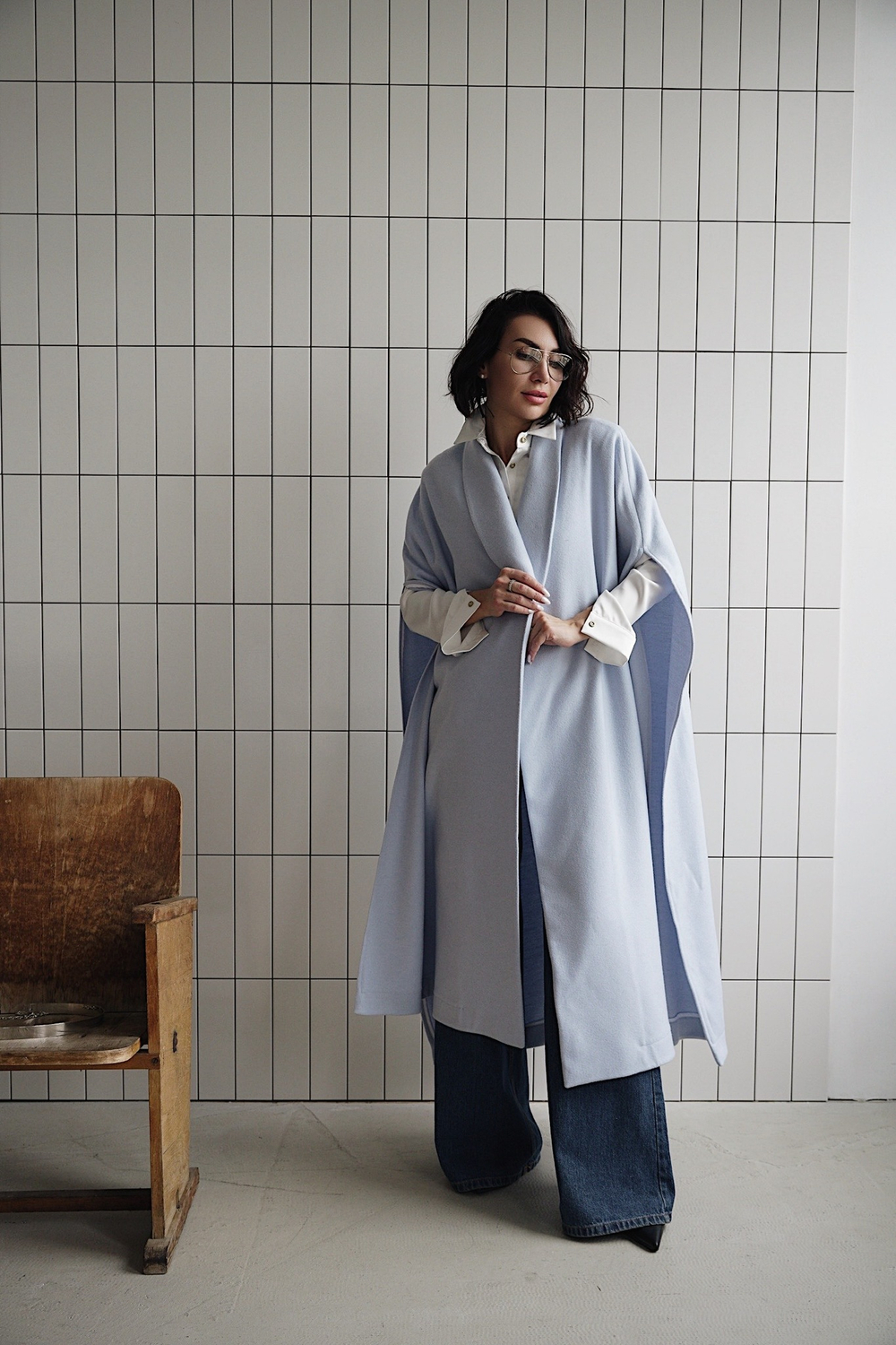 Пончо макси голубая шерсть