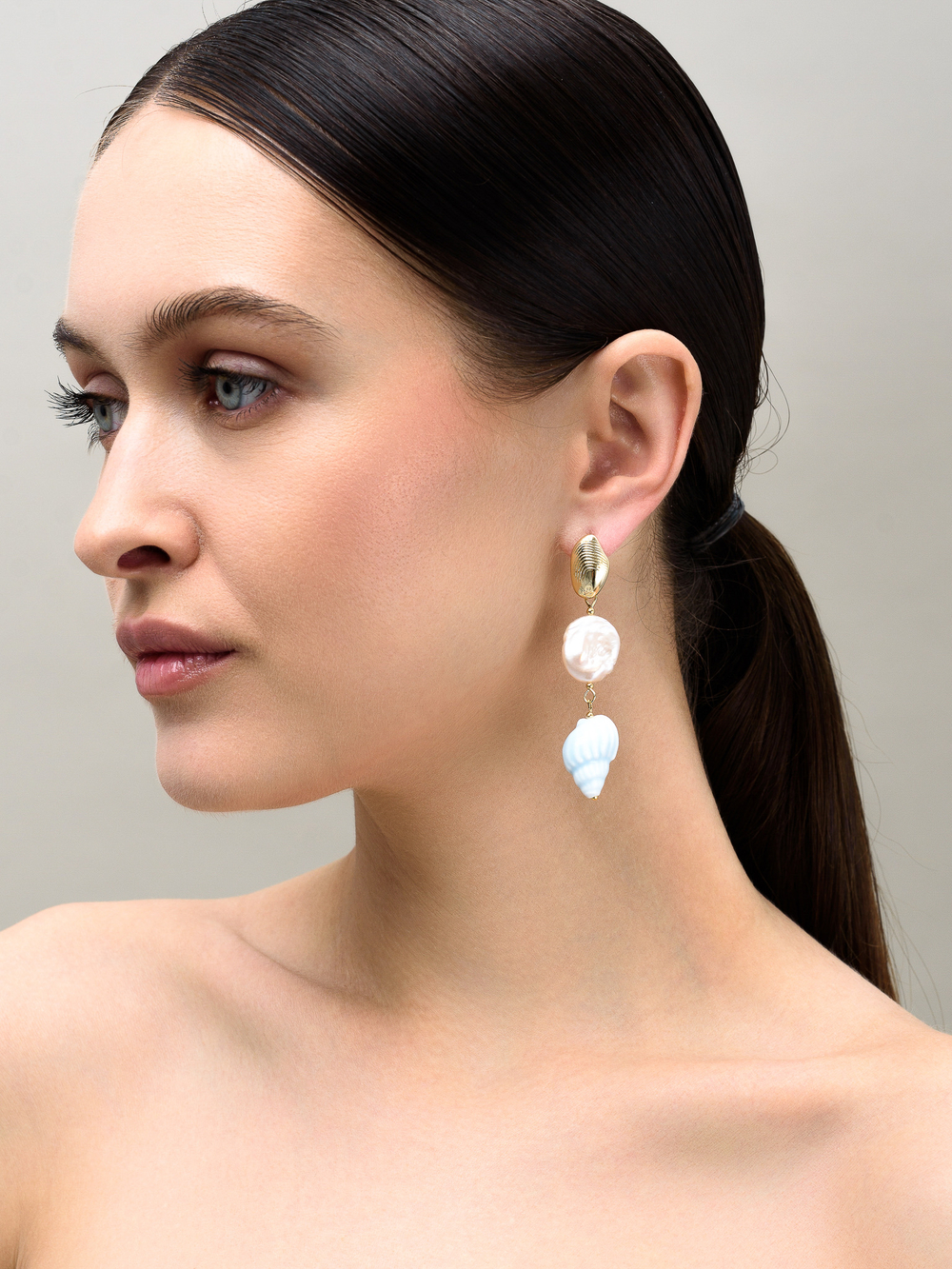 Серьги "Caramel shell pearl blue" Gold