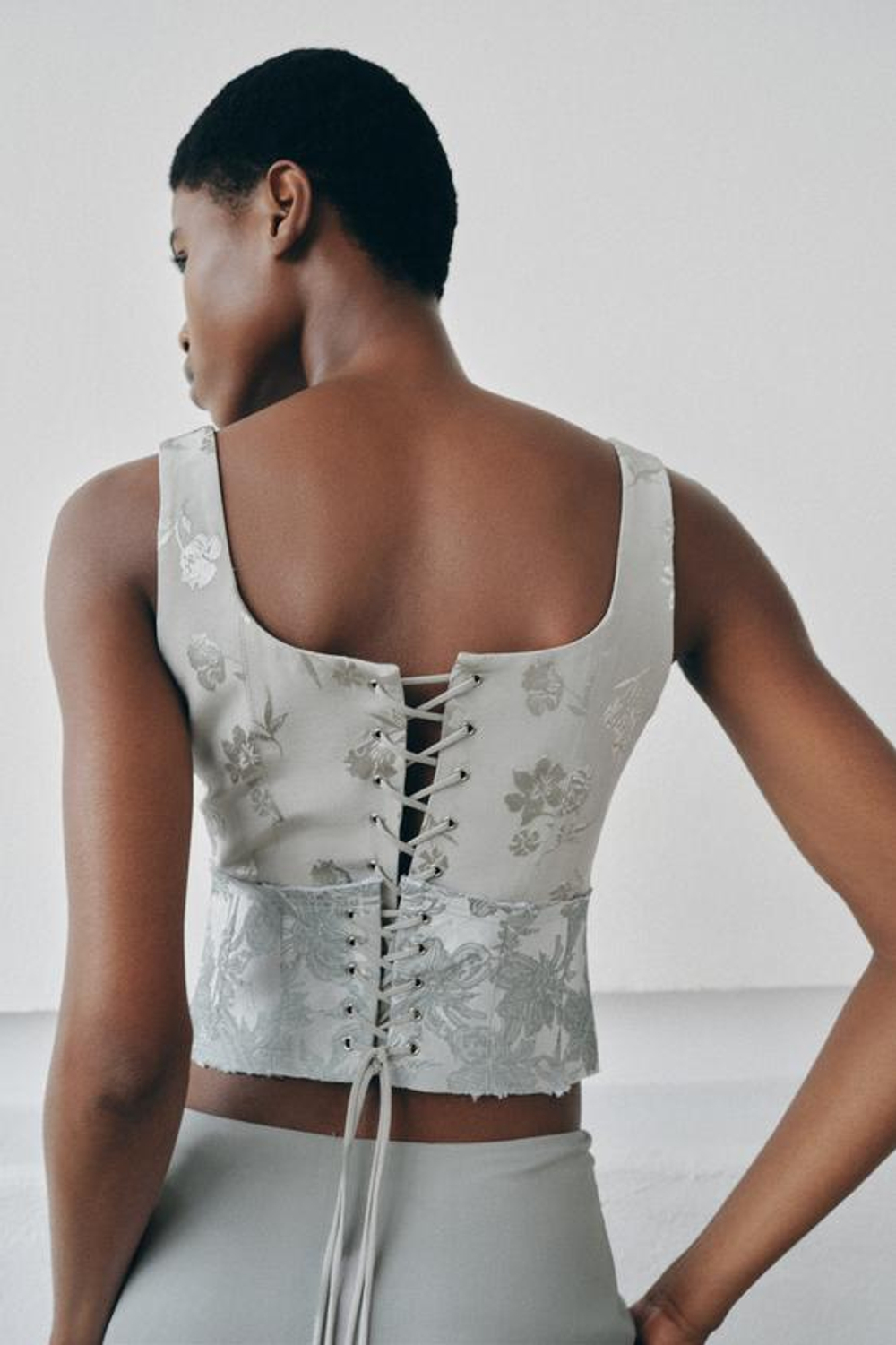 ZARA ЖАККАРДОВЫЙ ТОП-КОРСЕТ, ПАСТЕЛЬНО-СИНИЙ