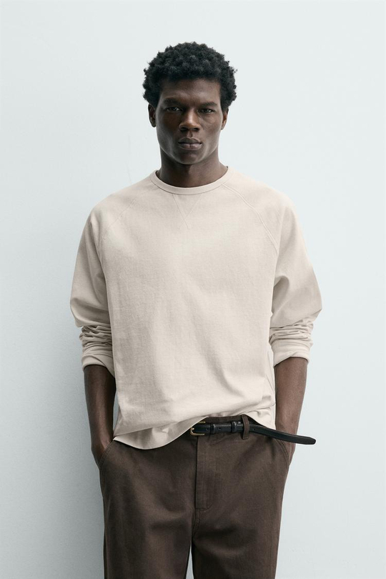 ZARA ФУТБОЛКА HEAVYWEIGHT С КРУГЛЫМ ВЫРЕЗОМ, СВЕТЛО-БЕЖЕВЫЙ