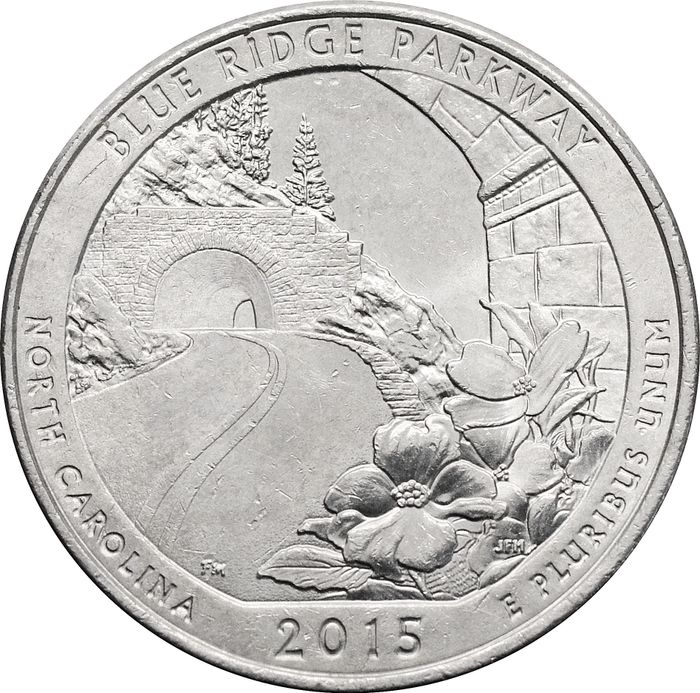25 центов (1/4 доллара, квотер) 2015 США «Автомагистраль Блу-Ридж» (P) (28-й парк)
