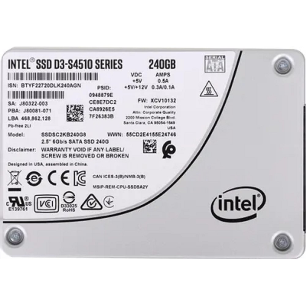 SSD диск Intel SSD 240Gb S4510 серия SSDSC2KB240G8(01) (SATA3.0, 3D2, TLC, 2.5")