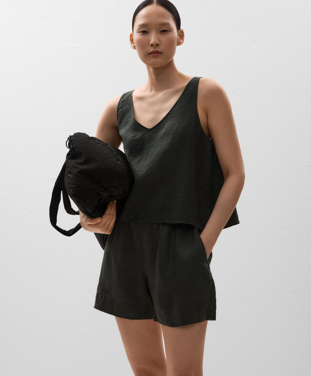 Oysho Топ из 100% льна с V-образным вырезом, антрацитовый