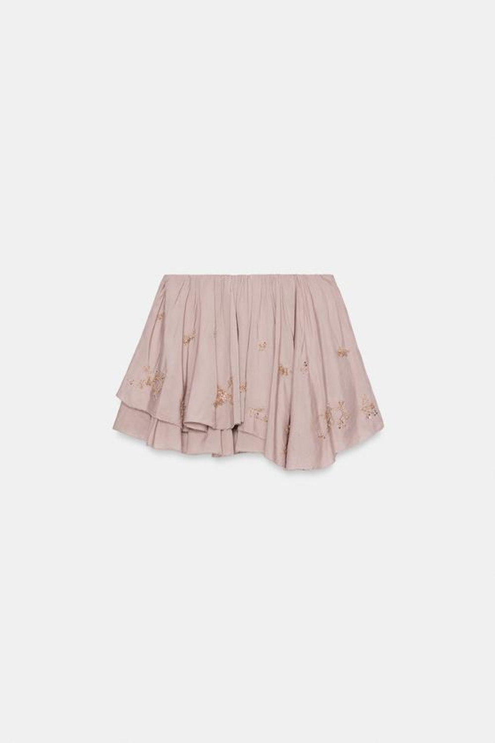 ZARA МИНИ-ЮБКА С ВОЛАНАМИ И БУСИНАМИ, ЦВЕТ МАЛЬВЫ