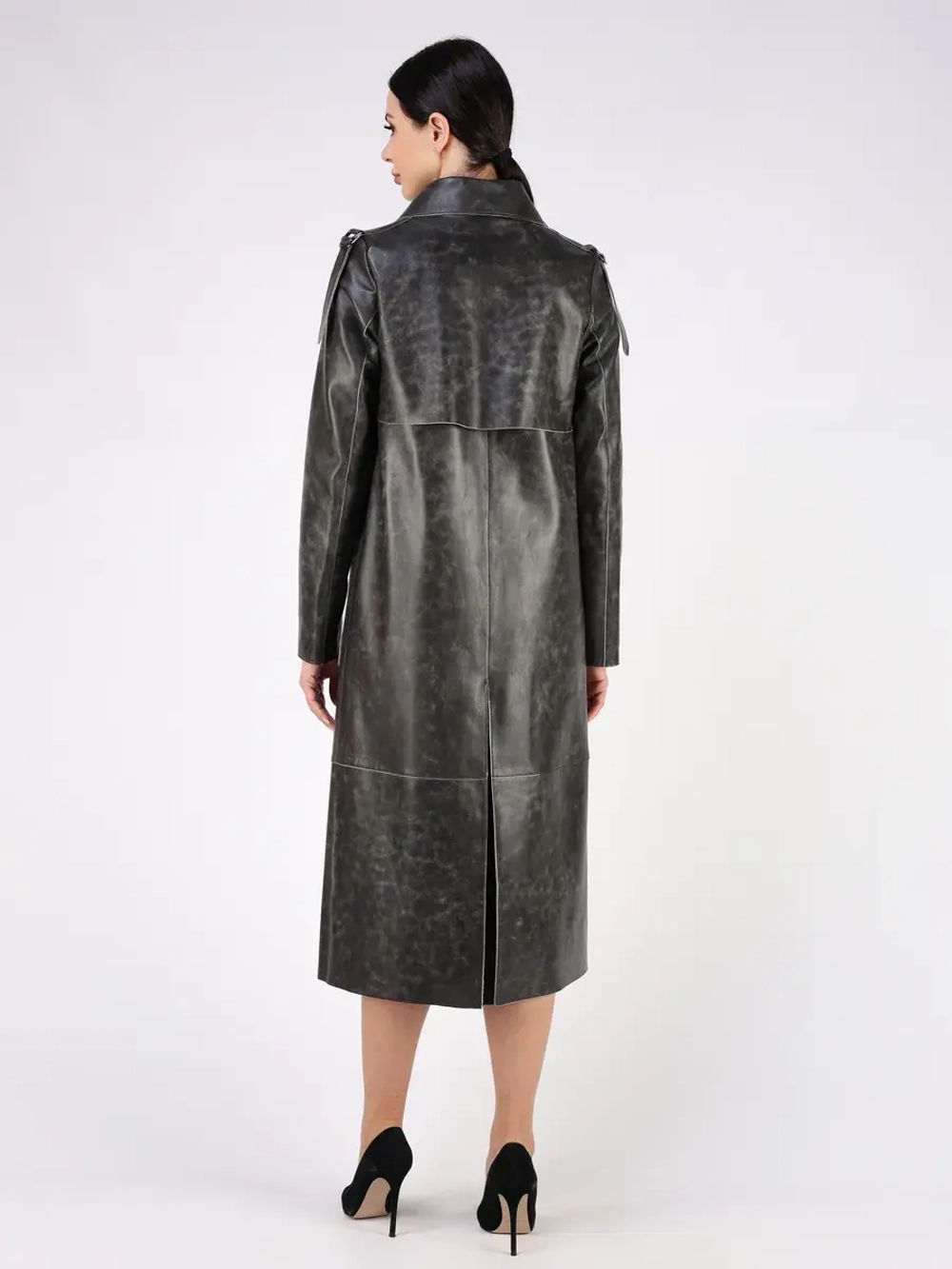 Кожаный тренч длинный с поясом плащ на осень