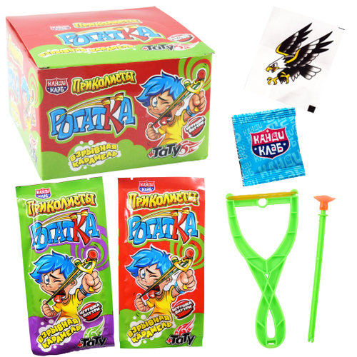 Взрывная карамель с игрушкой и татуировкой «Приколисты. Рогатка» ассорти 1г*30шт*12 блоков