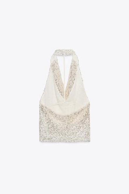 ZARA ТОП С ПАЙЕТКАМИ И ГОРЛОВИНОЙ ХАЛТЕР, ОТТЕНОК СЕРОГО