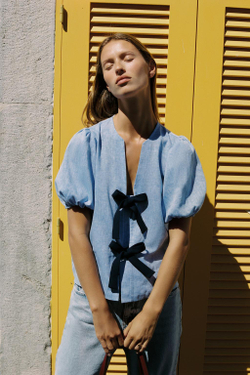 ZARA БЛУЗА ЛЬНЯНАЯ С ЗАВЯЗКАМИ, СИНИЙ