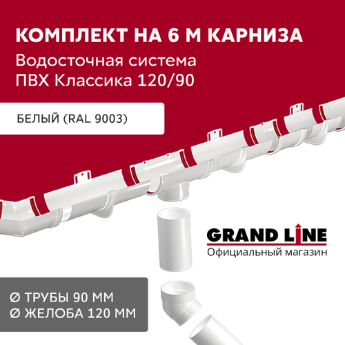 Комплект водосточной системы Классика 120 ПВХ Grand Line, 6 м/3м белый (RAL 9003)