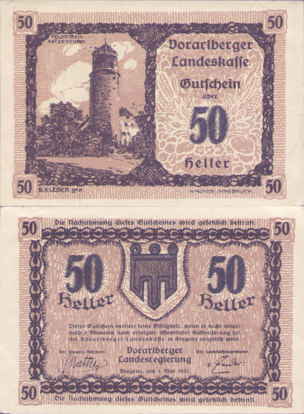 Австрия 50 геллеров 1920 Форарльберг aUNC