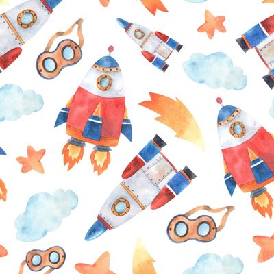 Seamless pattern on the theme of air transport with different rockets, a fire trail, stars, clouds and flying goggles in blue, yellow, red-orange colors