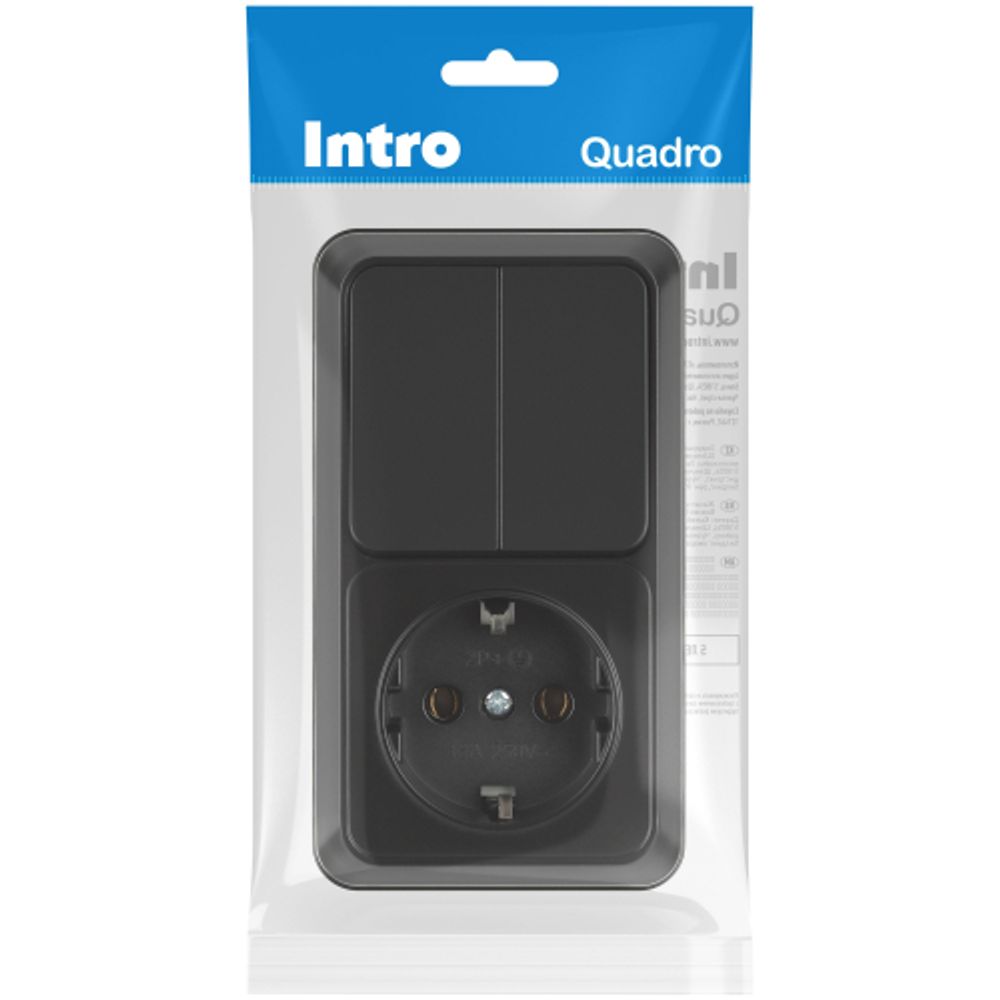 Блок розетка с выключателем Intro Quadro 2-706-05 двойной вертикальный 10-16-А-250В IP20 ОУ антрацит | Intro Quadro