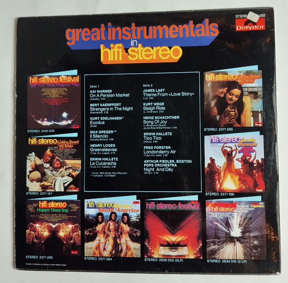 Винтажная виниловая пластинка LP Сборник Great Instrumentals In Hifi Stereo (Germany 1971) (James Last, Bert Kaempfert, Max Greger)