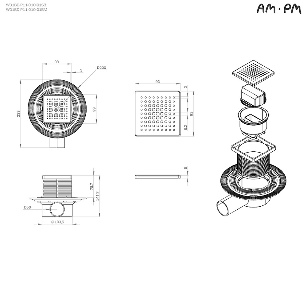 Душевой трап AM.PM MasterFlow 10 W01BD-P11-010-01BM с Черной матовой решеткой Cut Gradient