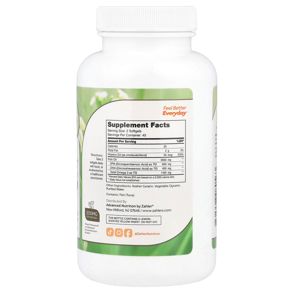 Zahler, Omega 3 Platinum+D, усовершенствованный рыбий жир с омега-3 и витамином D3, 2000 мг, 90 капсул (1000 мг на капсулу)