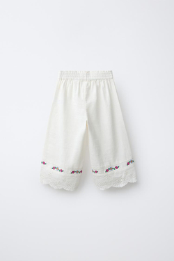 ZARA БРЮКИ-КЮЛОТЫ ИЗ ХЛОПКА И ЛЬНА С ВЫШИВКОЙ В ВИДЕ ЦВЕТОВ, ЭКРЮ